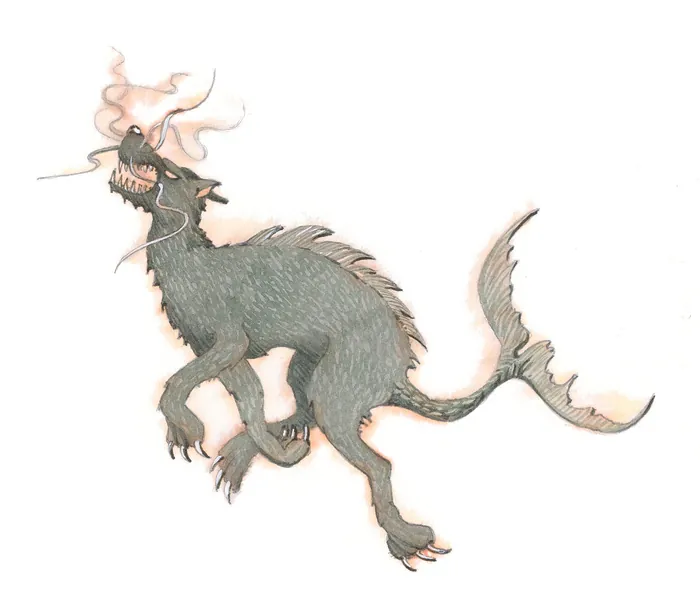 Illustration of a mythical European beast breathing smoke