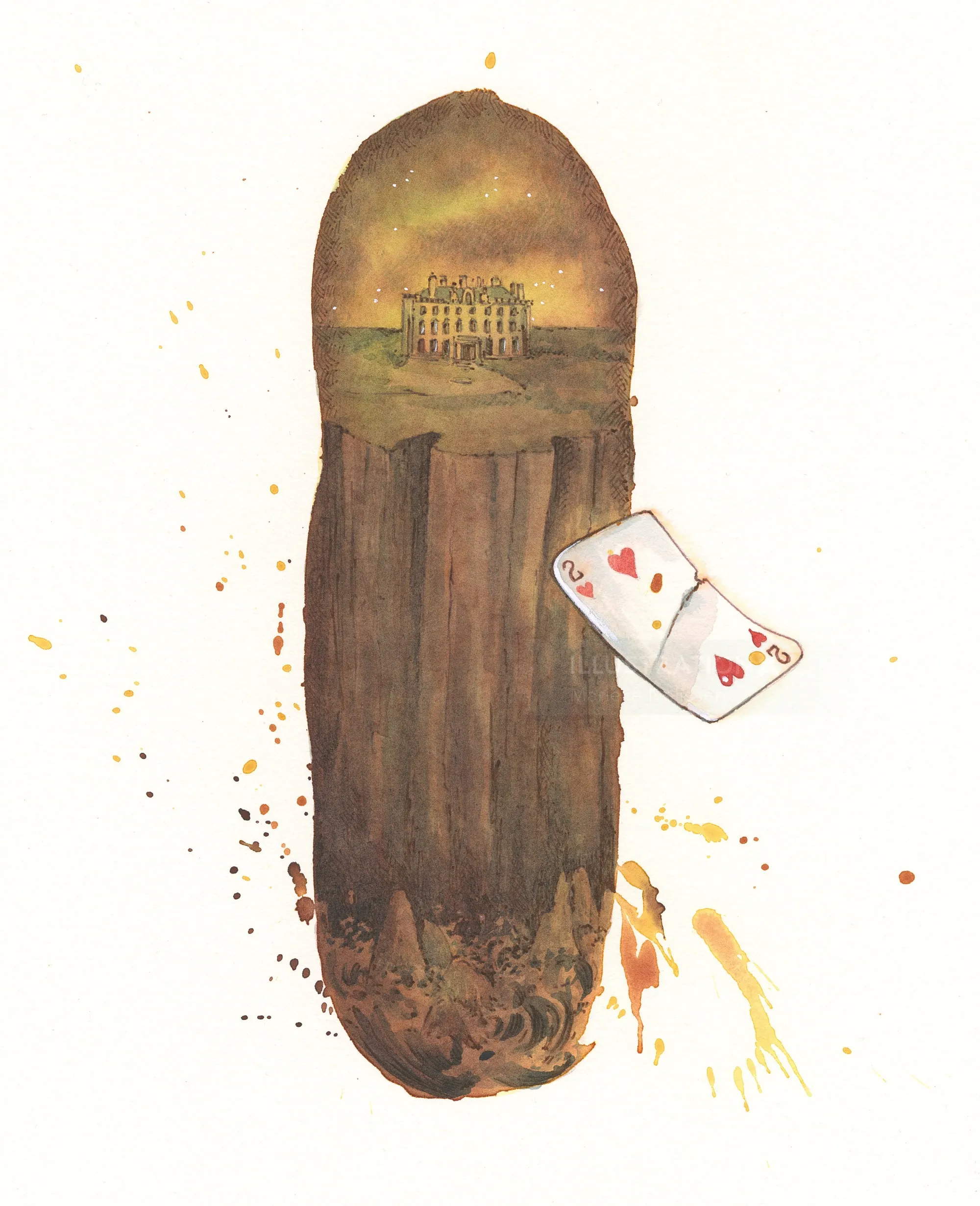 Illustration of haunted mansion inside a large bullet with playing card