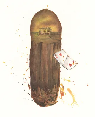 Illustration of haunted mansion inside a large bullet with playing card