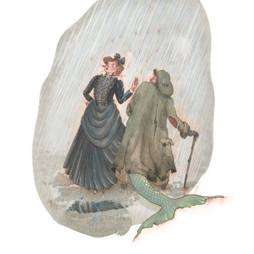 Illustration of a woman and a merman walking together in the rain