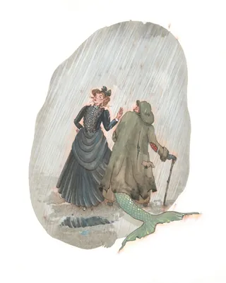 Illustration of a woman and a merman walking together in the rain