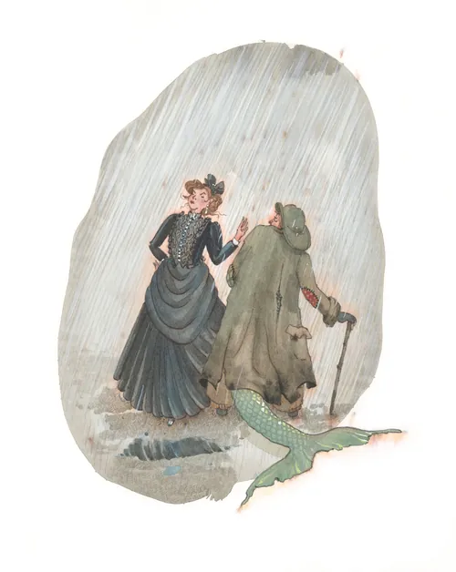 Illustration of a woman and a merman walking together in the rain