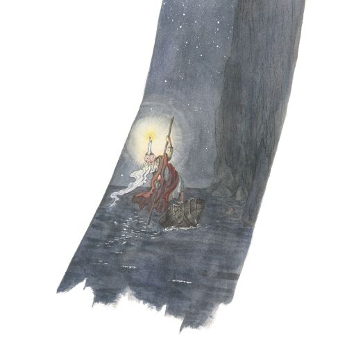 Illustration of Charon rowing a small boat at night in foggy waters