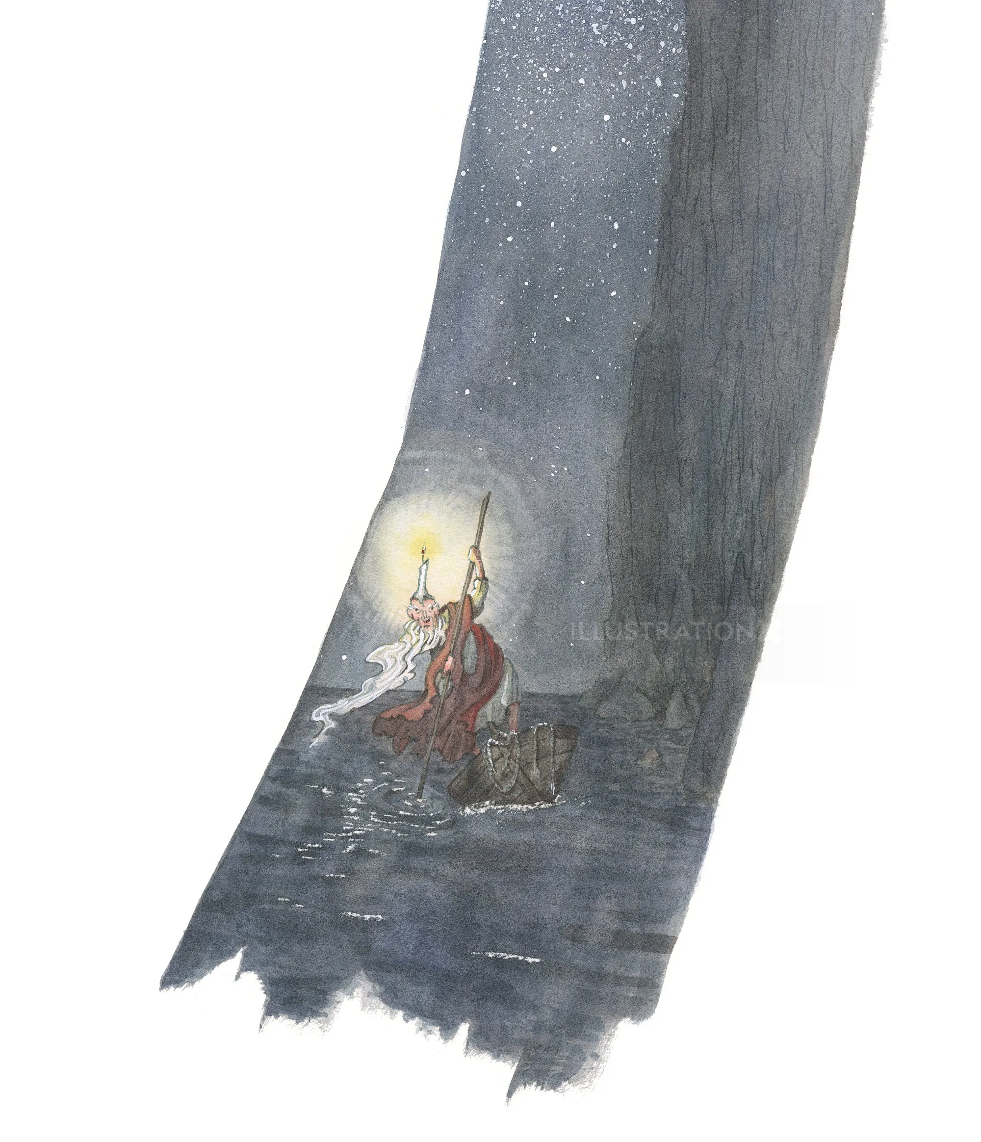 Illustration of Charon rowing a small boat at night in foggy waters