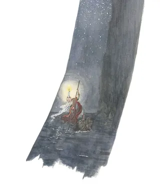 Illustration of Charon rowing a small boat at night in foggy waters