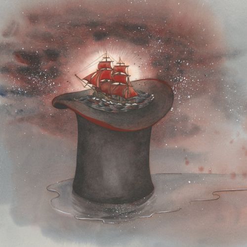 Illustration of a red sailing ship emerging from a black top hat