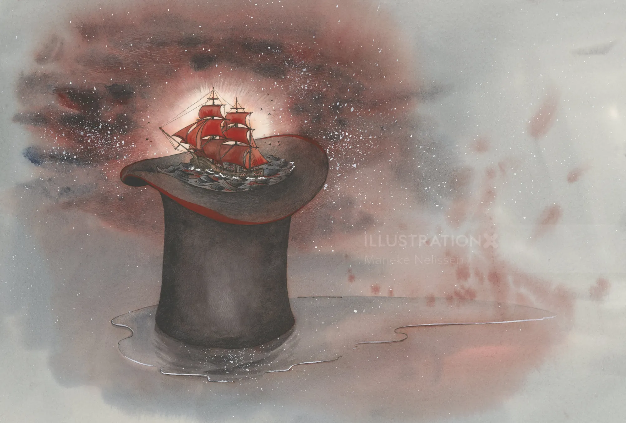 Illustration of a red sailing ship emerging from a black top hat