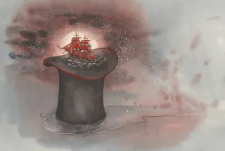 Illustration of a red sailing ship emerging from a black top hat