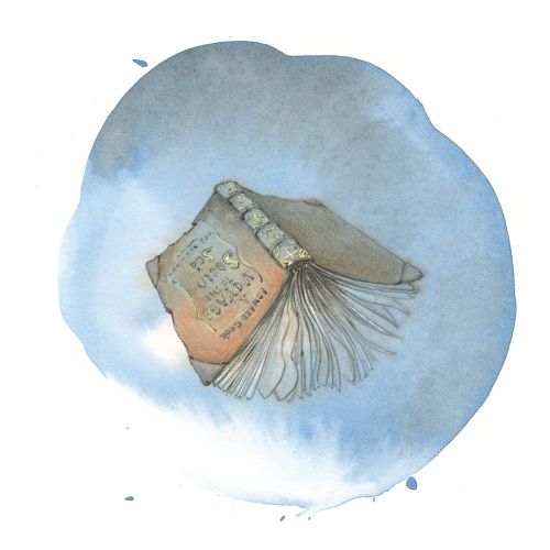 Watercolor illustration of an old open book with faded pages and text