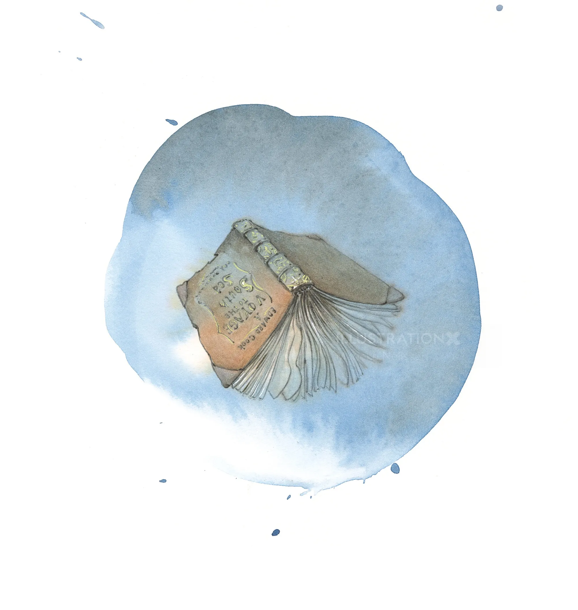 Watercolor illustration of an old open book with faded pages and text