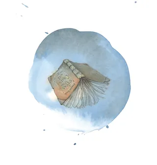 Watercolor illustration of an old open book with faded pages and text