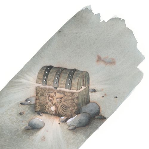 Old treasure chest glowing on sandy ocean floor with stones