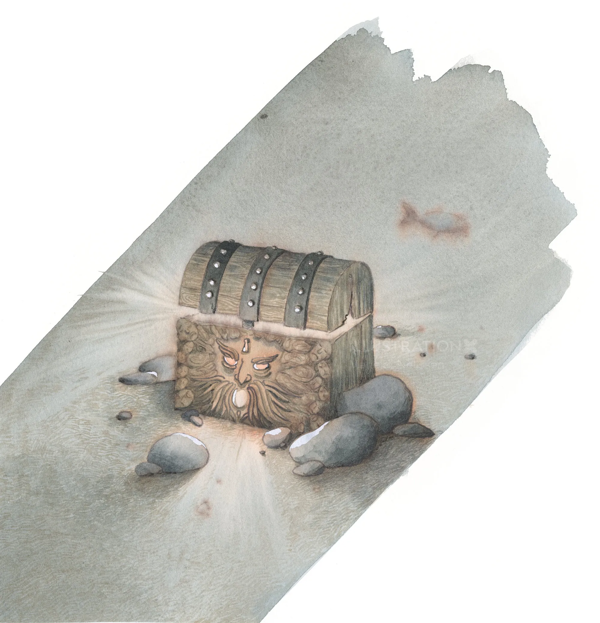 Old treasure chest glowing on sandy ocean floor with stones