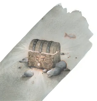Old treasure chest glowing on sandy ocean floor with stones