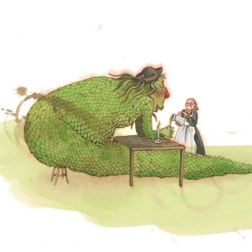 Illustration of a green merman talking to a small child on shore