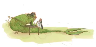 Illustration of a green merman talking to a small child on shore