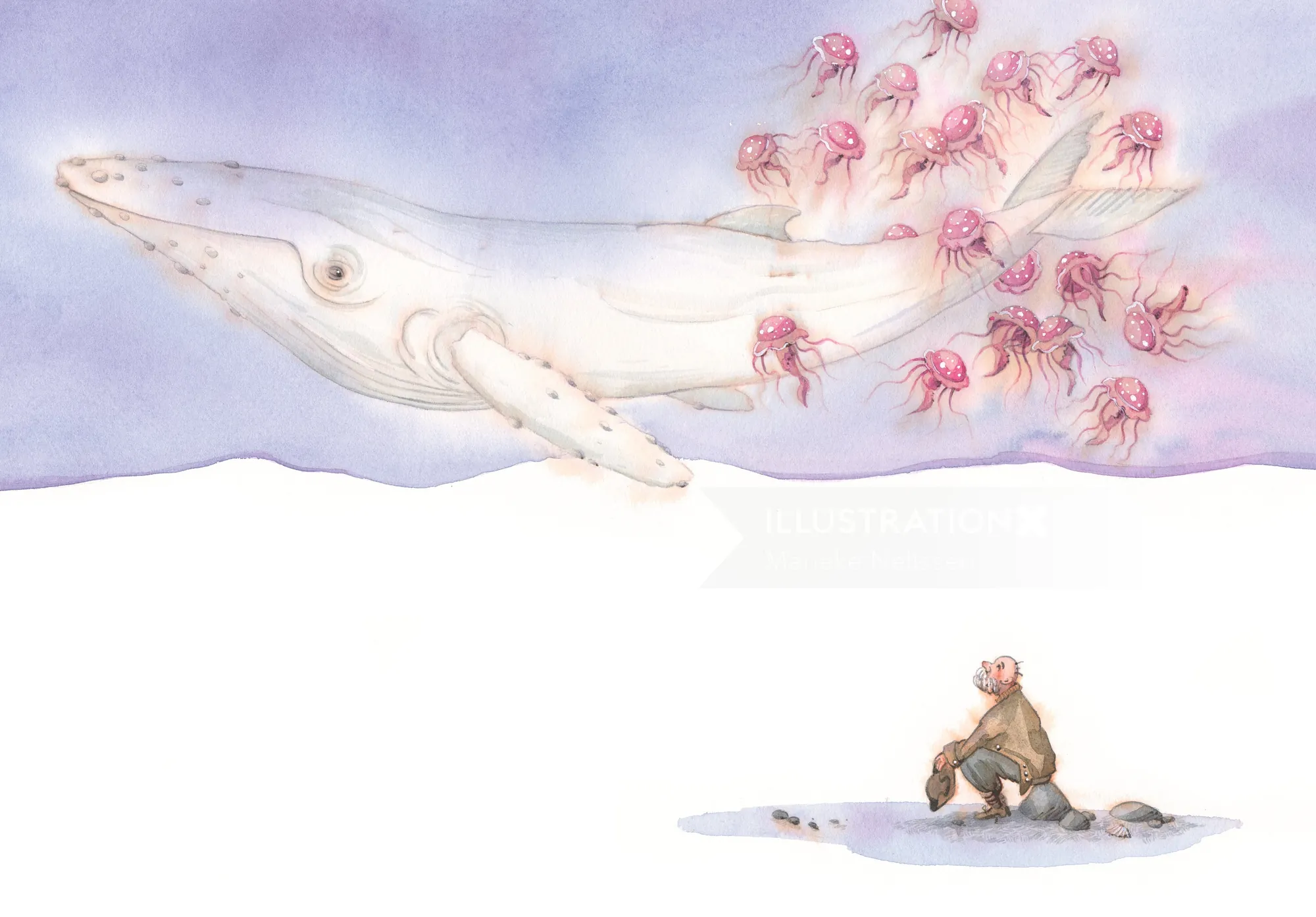 Illustration of a white whale emitting pink jellyfish with person watching