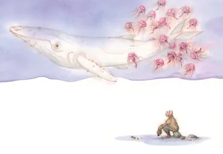 Illustration of a white whale emitting pink jellyfish with person watching