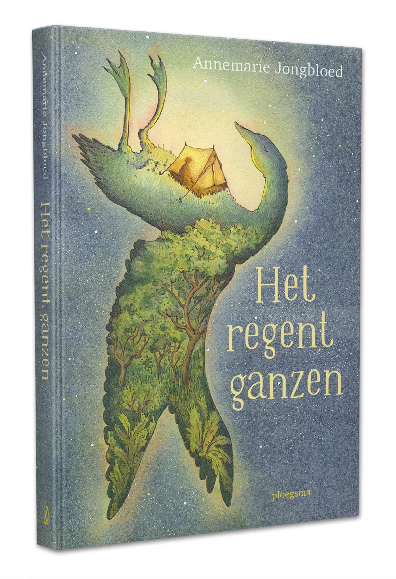 Book cover showing a green creature with a tent, by Marieke Nelissen