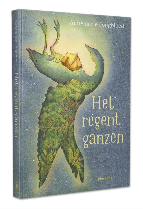 Book cover showing a green creature with a tent, by Marieke Nelissen