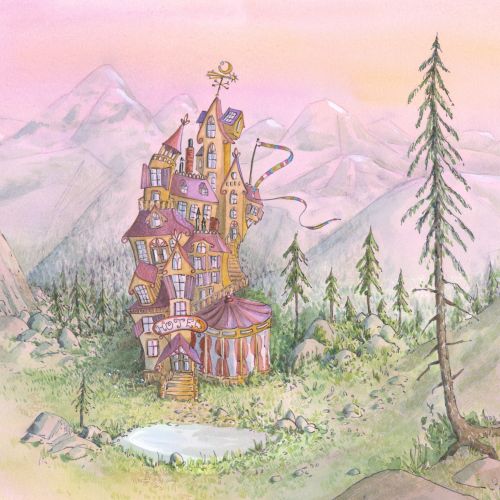 Illustration of a whimsical flying hotel with trees and mountains by Marieke Nelissen