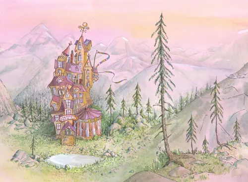 Illustration of a whimsical flying hotel with trees and mountains by Marieke Nelissen
