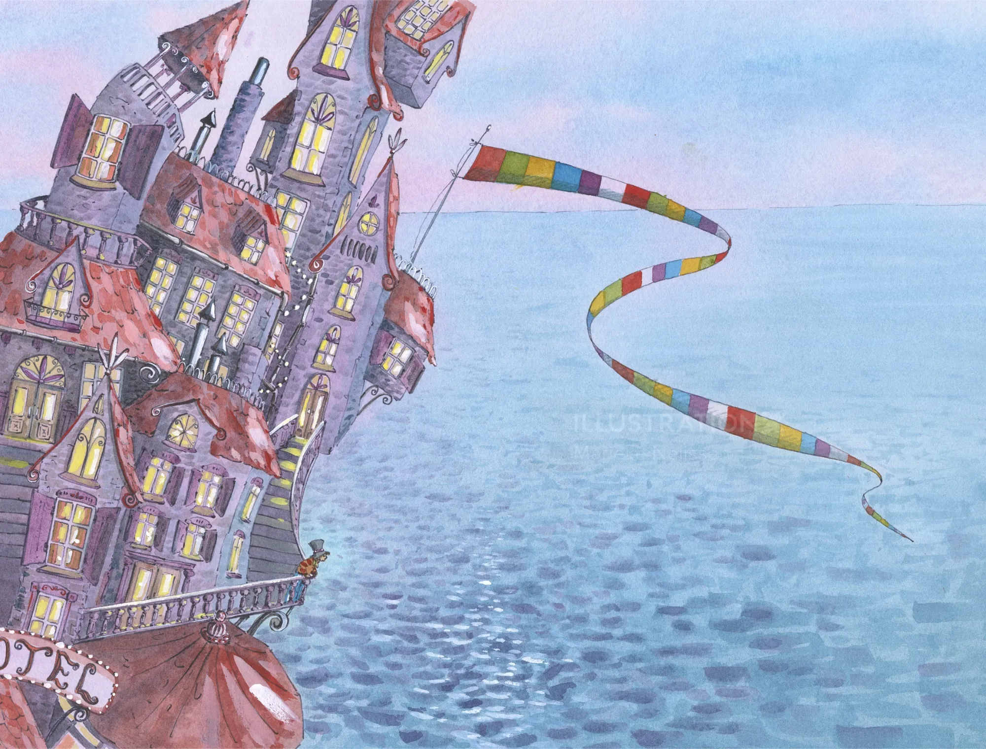 Flying hotel over water with colorful ribbon by Marieke Nelissen