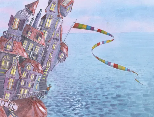 Flying hotel over water with colorful ribbon by Marieke Nelissen
