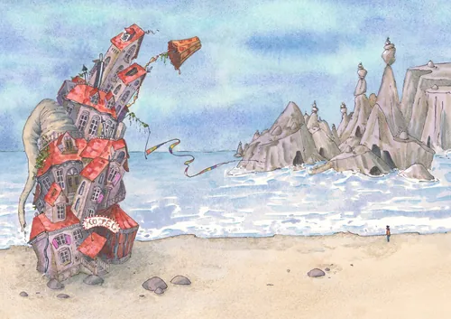 Illustration of a whimsical flying hotel near cliffs by Marieke Nelissen