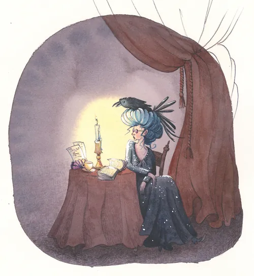 Character reading by candlelight in Hotel Zweefkees illustration by Marieke Nelissen