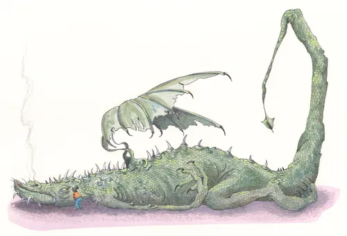 Illustration of a large green dragon and small winged creature by Marieke Nelissen