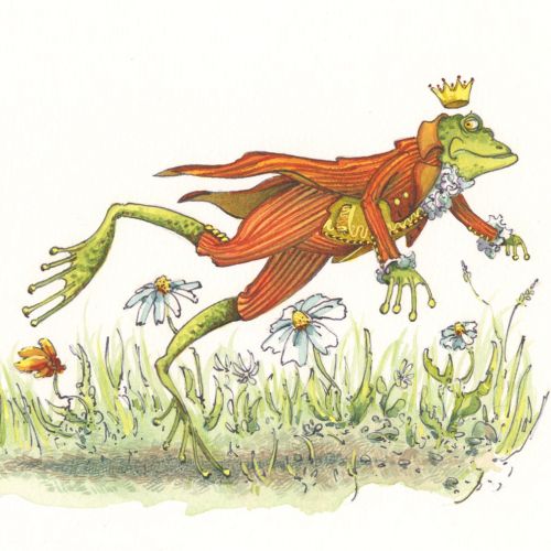 Illustration of a frog prince running in a grassy field Marieke Nelissen