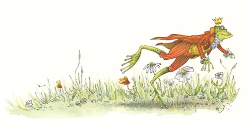 Illustration of a frog prince running in a grassy field Marieke Nelissen