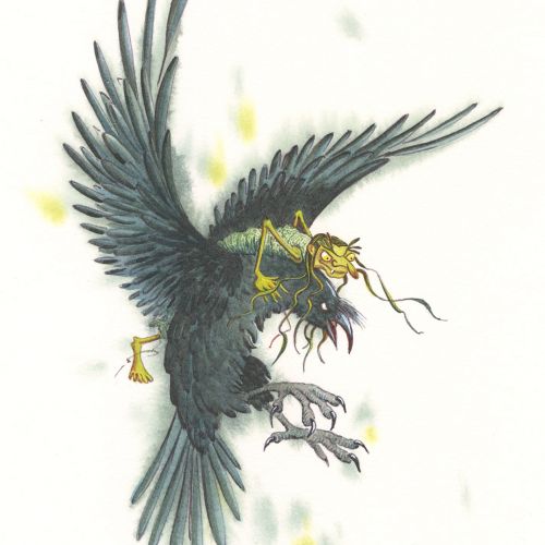 Illustration of a flying crow character from Hotel Zweefkees by Marieke Nelissen