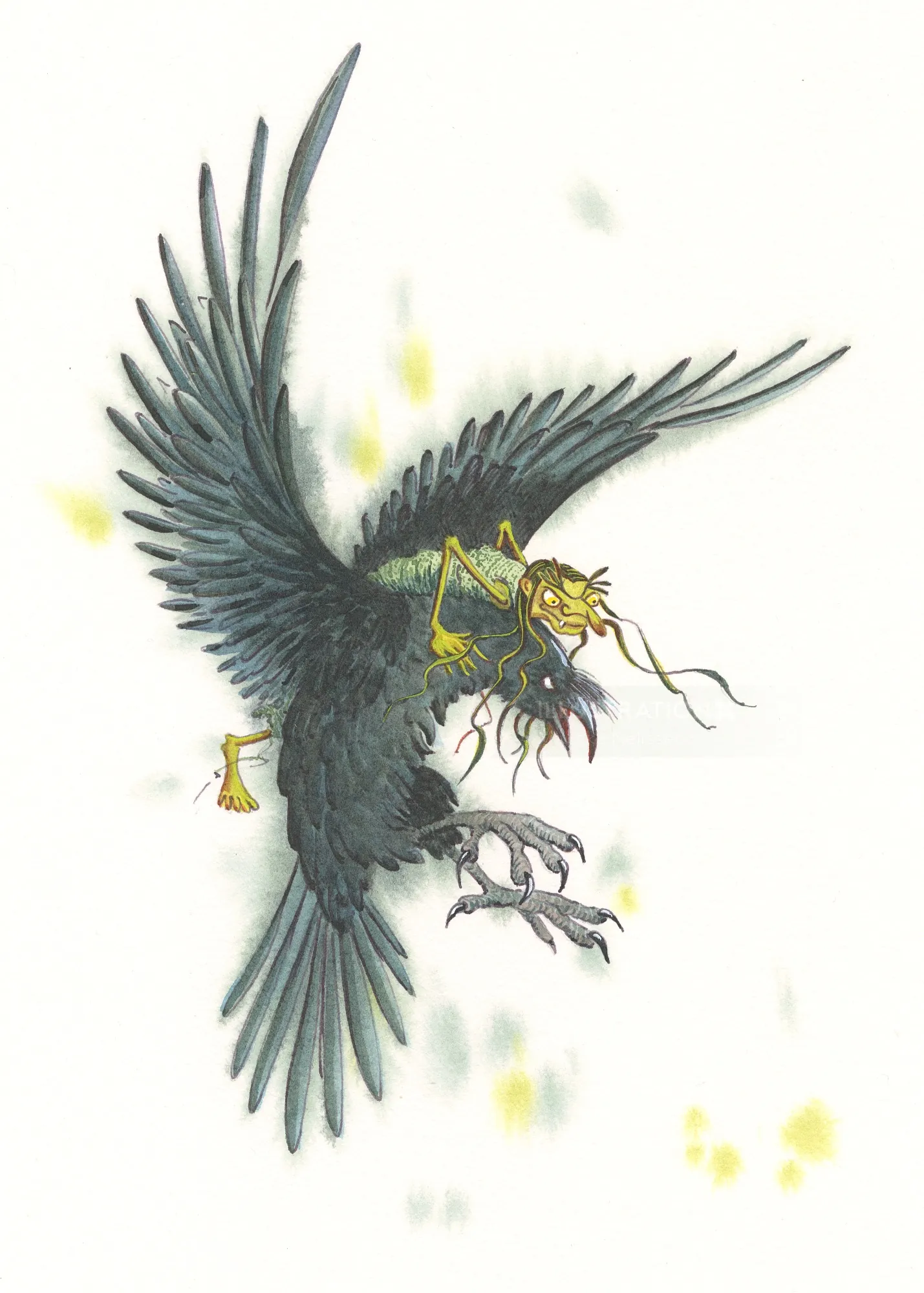 Illustration of a flying crow character from Hotel Zweefkees by Marieke Nelissen