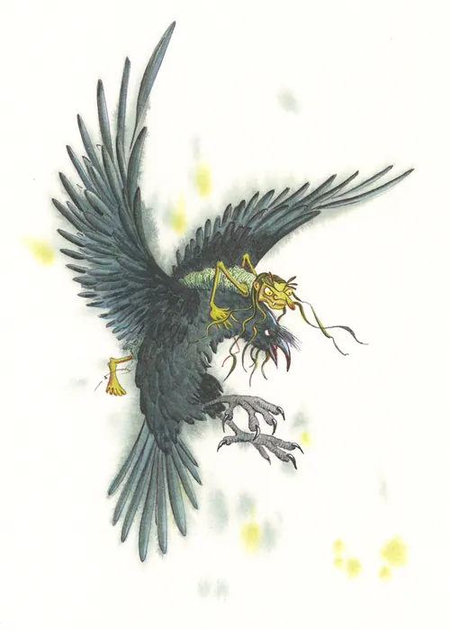 Illustration of a flying crow character from Hotel Zweefkees by Marieke Nelissen