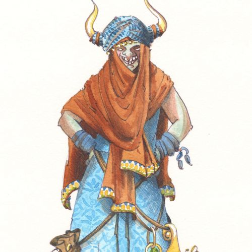 Masked character in horned helmet and blue robe holding bag and keys by Marieke Nelissen