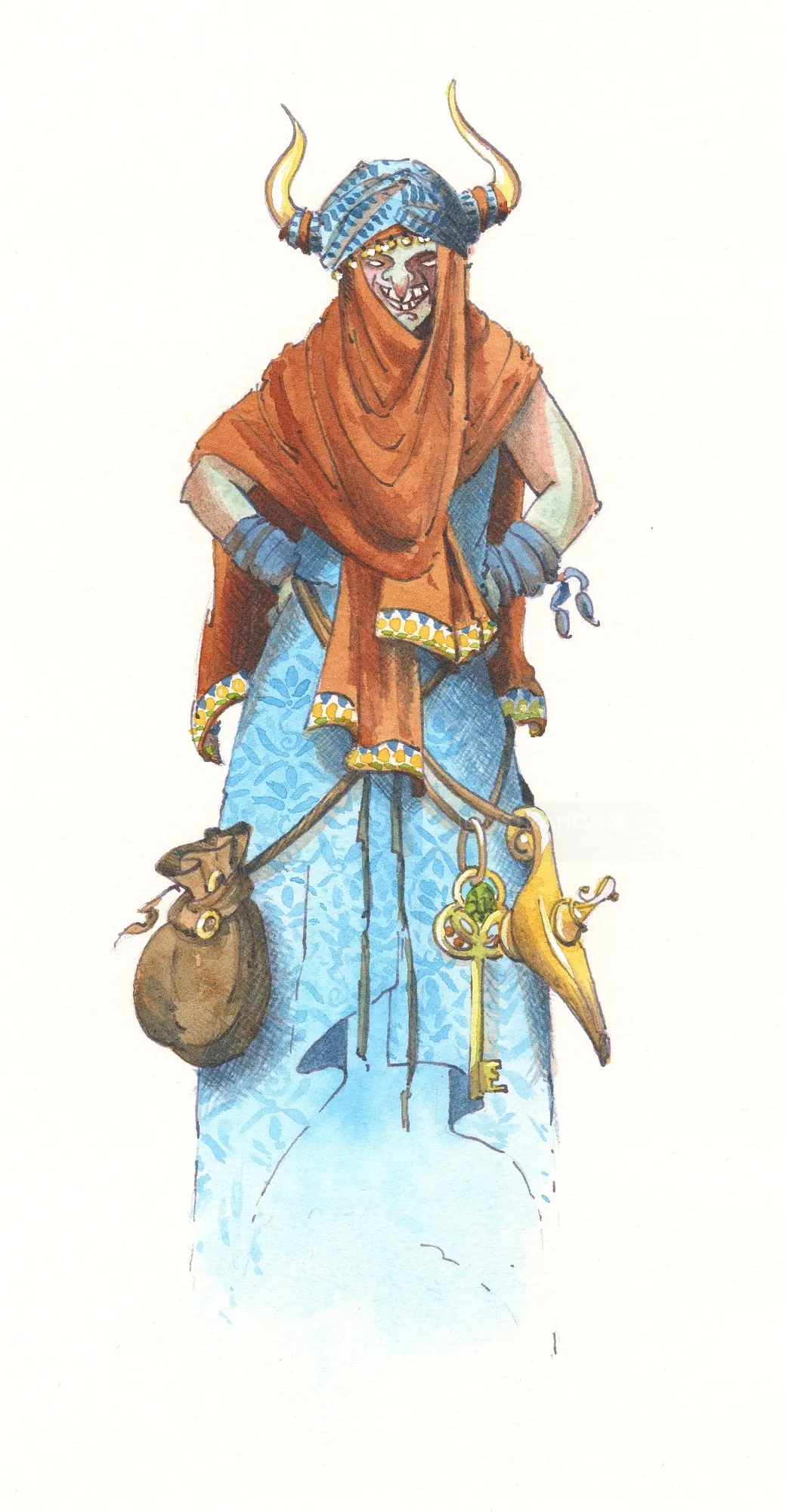 Masked character in horned helmet and blue robe holding bag and keys by Marieke Nelissen