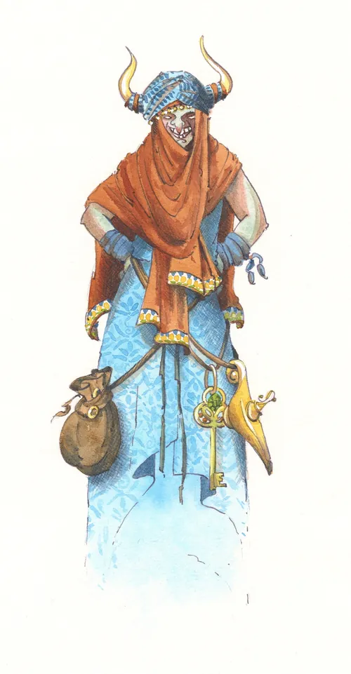 Masked character in horned helmet and blue robe holding bag and keys by Marieke Nelissen