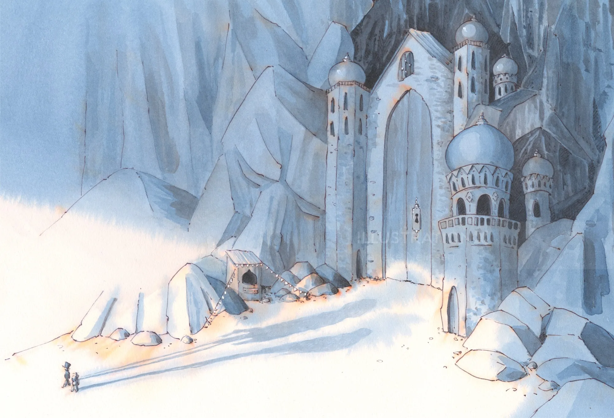 Magical flying hotel entrance set in a mountain by Marieke Nelissen