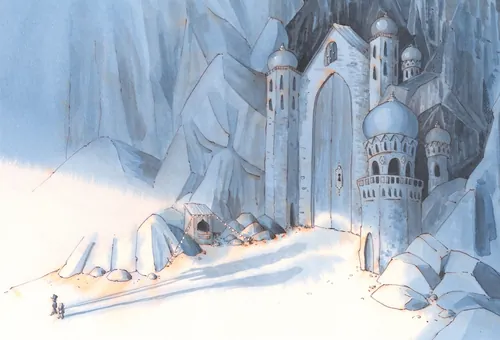 Magical flying hotel entrance set in a mountain by Marieke Nelissen