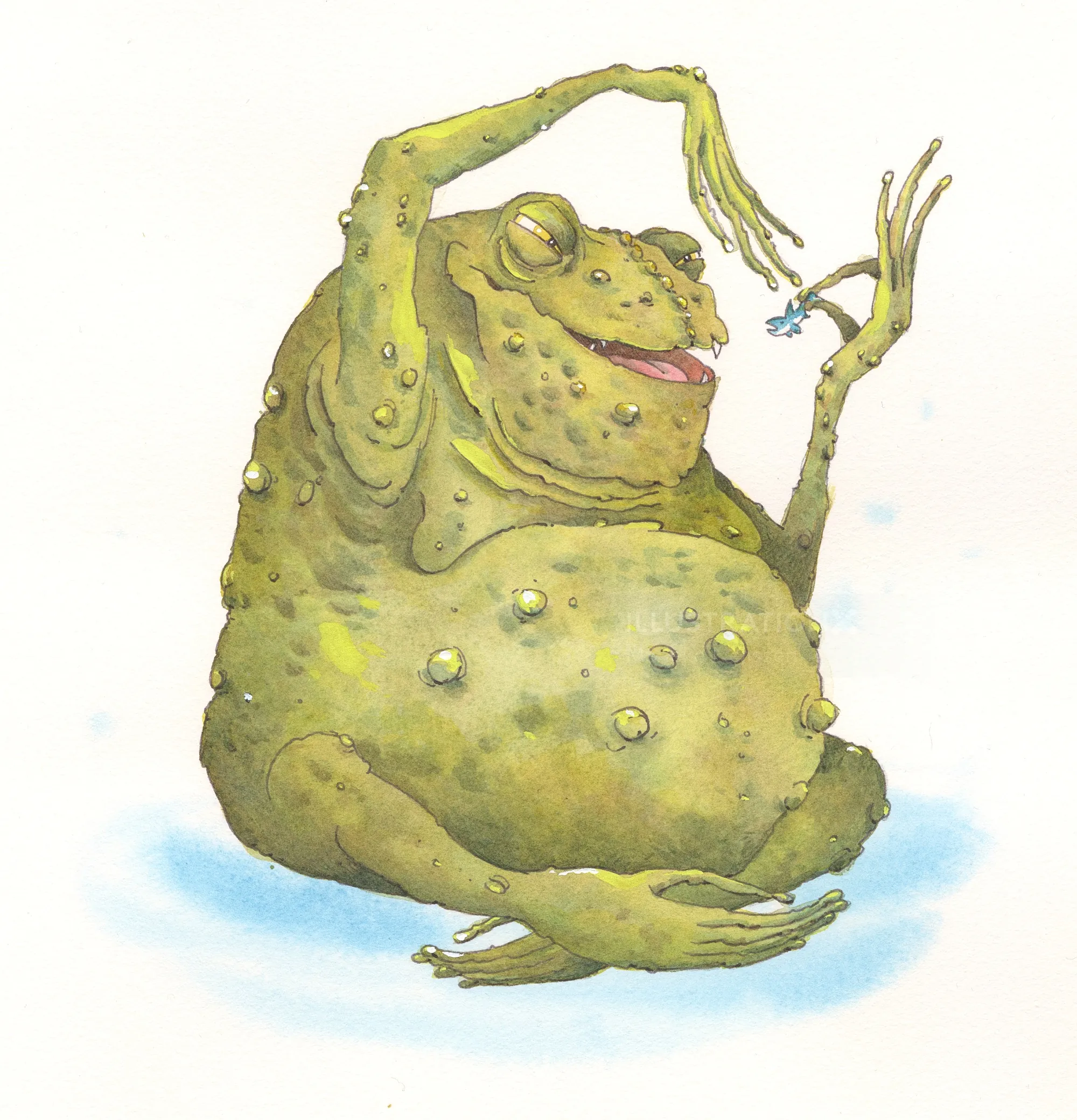 Illustration of a large green toad holding a small person by fingertips by Marieke Nelissen