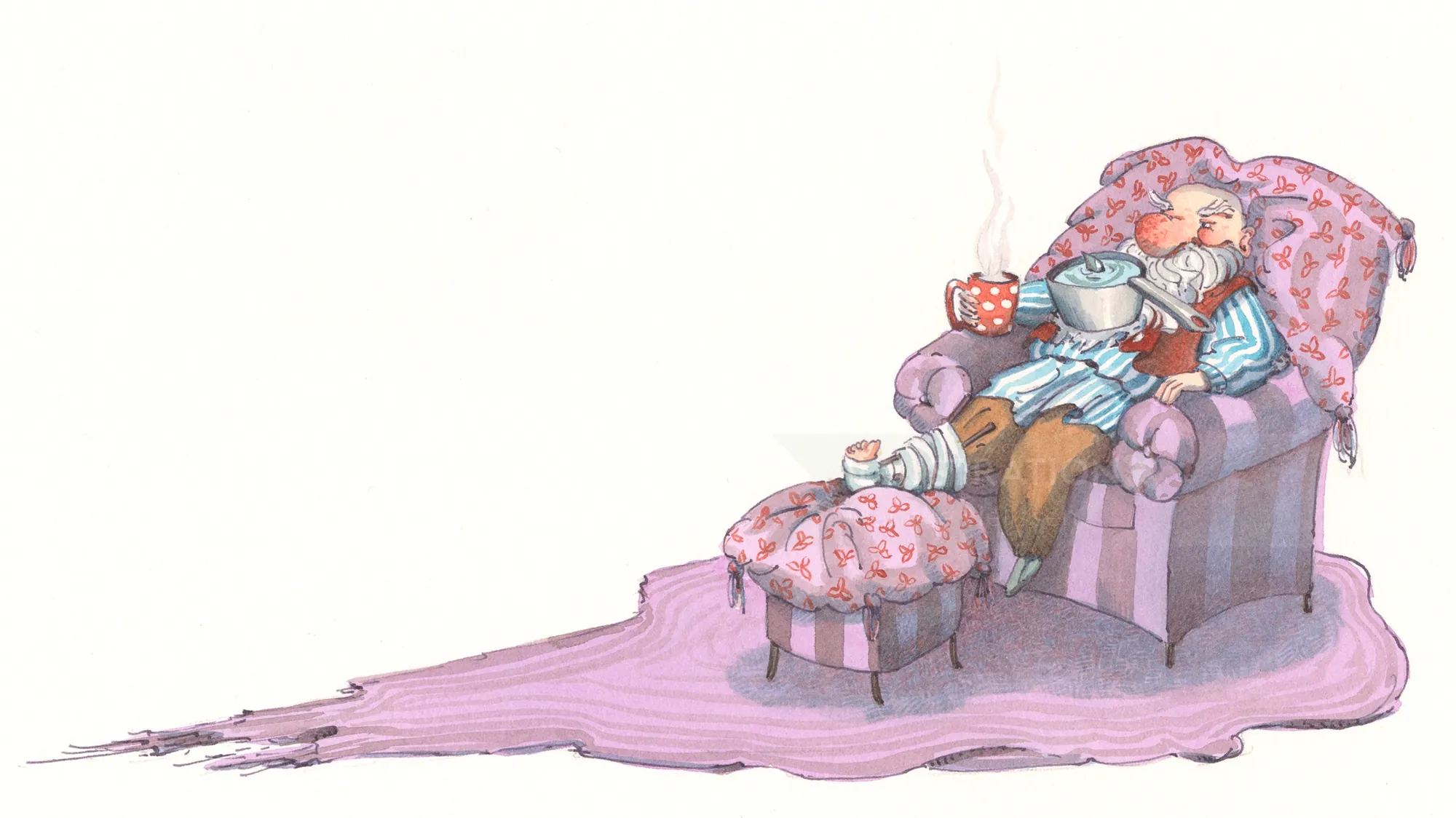 Character resting in chair with tea from Hotel Zweefkees by Marieke Nelissen