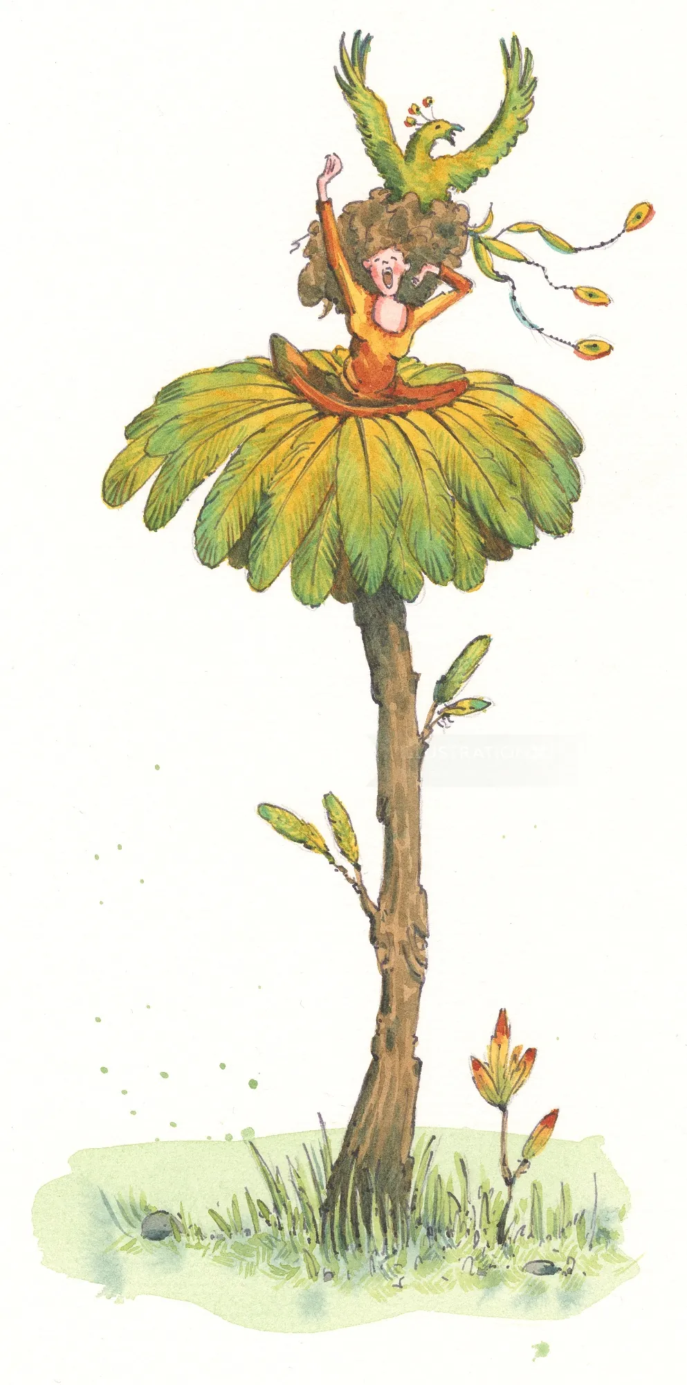 Whimsical character on flower atop tree from Hotel Zweefkees by Marieke Nelissen