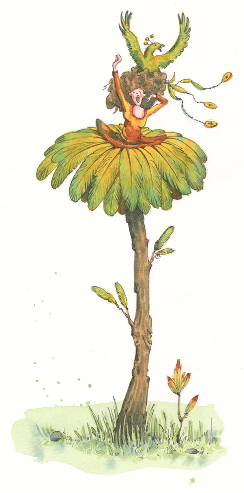 Whimsical character on flower atop tree from Hotel Zweefkees by Marieke Nelissen