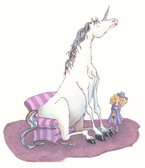 Illustration of unicorn and girl from Hotel Zweefkees by Marieke Nelissen