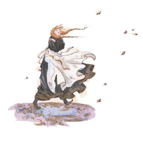 Woman in flowing dress walking in autumn wind, Marieke Nelissen