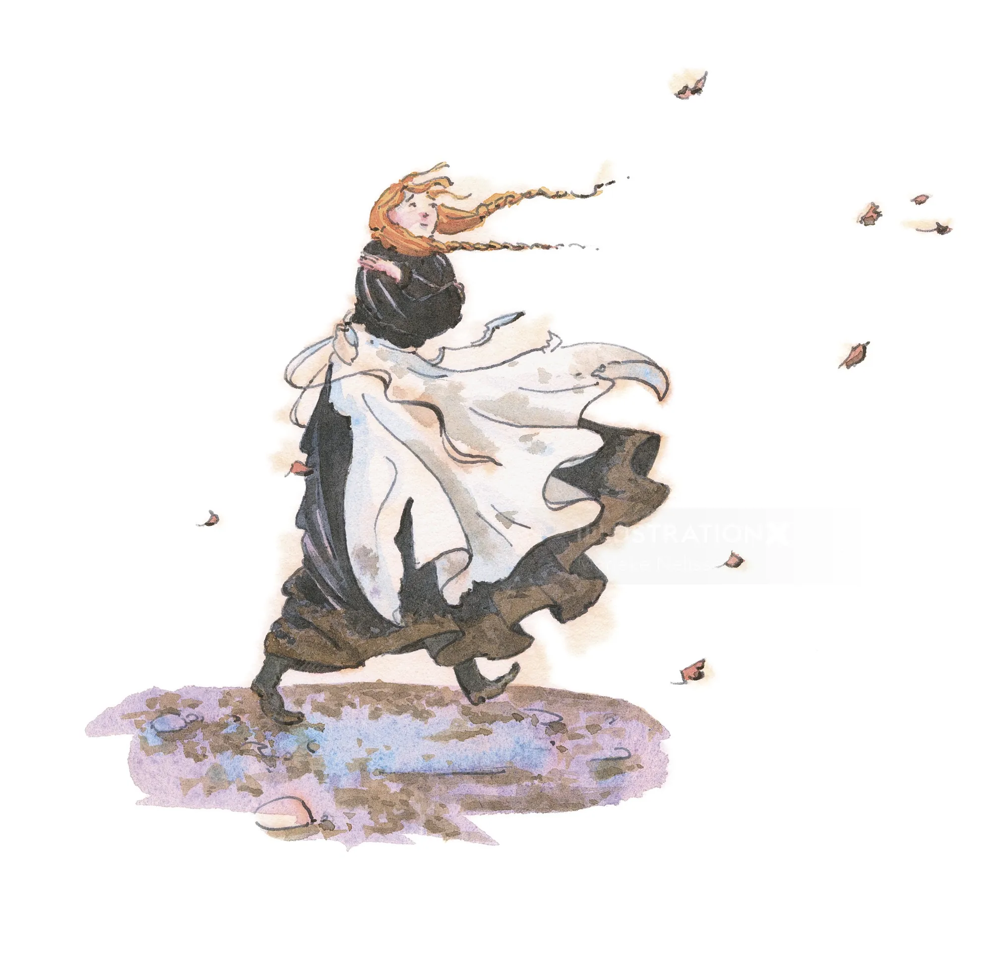 Woman in flowing dress walking in autumn wind, Marieke Nelissen