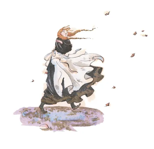 Woman in flowing dress walking in autumn wind, Marieke Nelissen