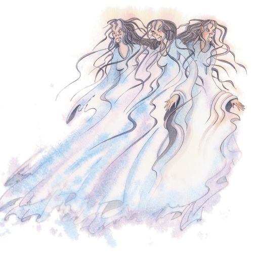 Ghostly women in flowing blue dresses with long hair by Marieke Nelissen